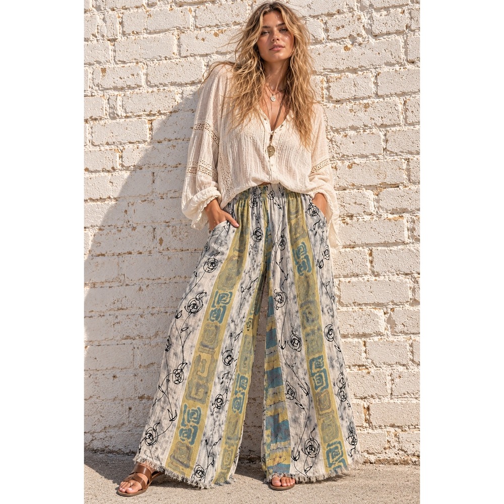 Vintage Young Hawaii Blue Yellow Rayon Wide Leg Raw Hem Pants Boho Medium